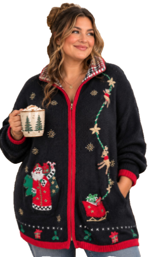 Vintage Christmas Sweater Jacket 1X Santa Embroidered Zip Cardigan Holiday Folk