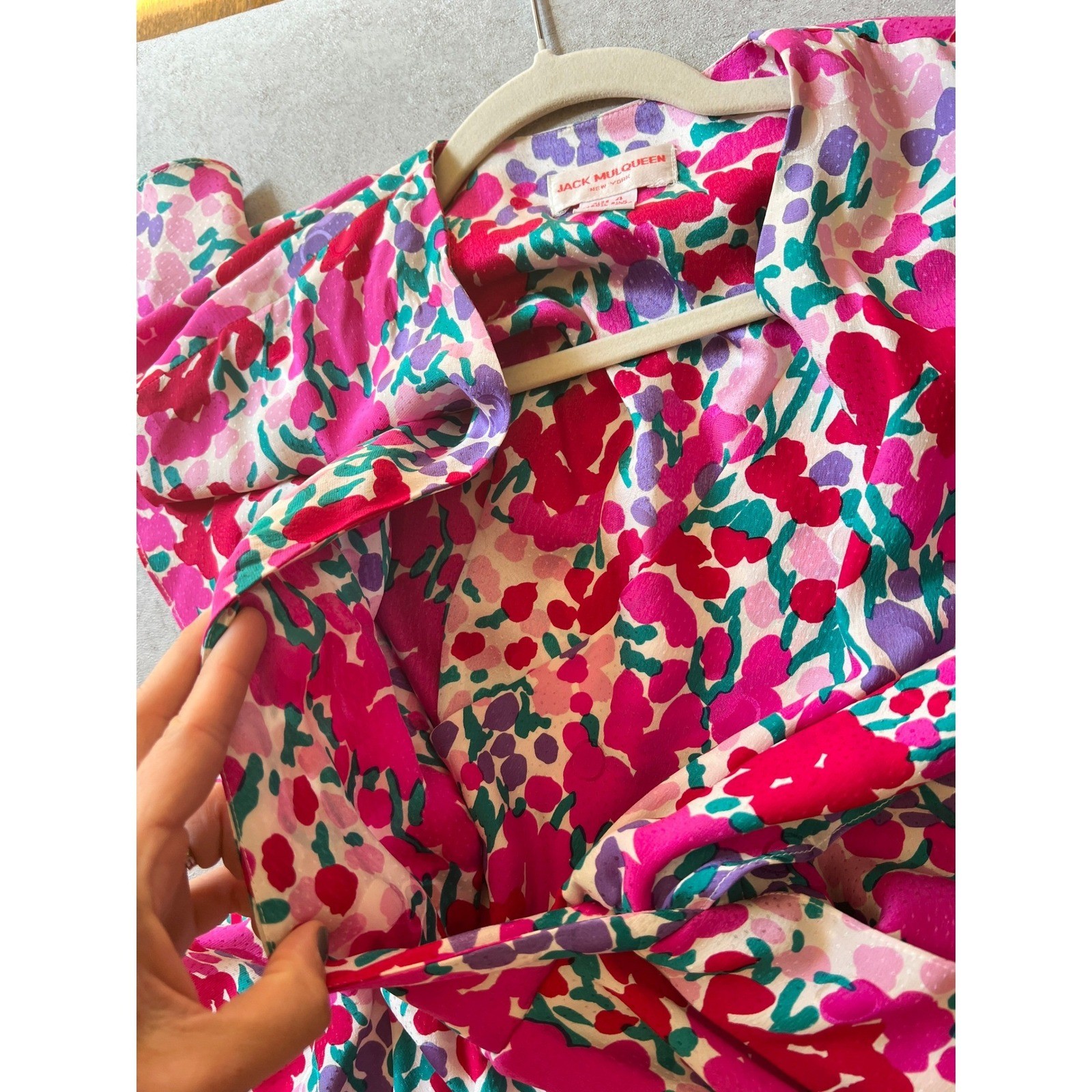 Jack Mulqueen Vintage Silk Dress Size 4 S Bright Floral Peplum Wrap V-Neck 80s