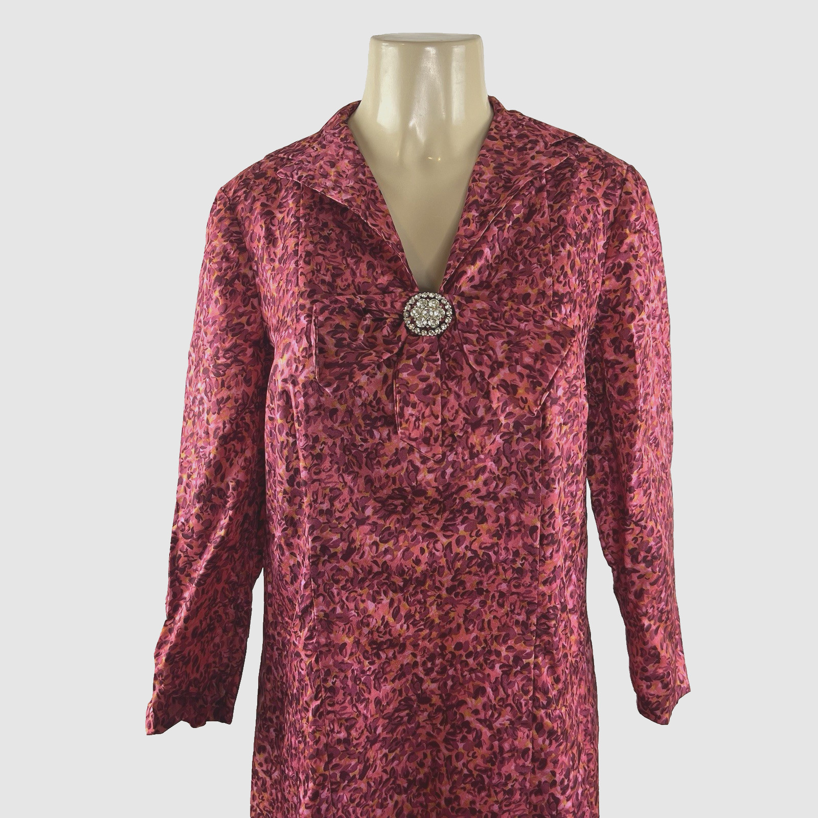 Vintage 1960s Dress Colorful Pink Abstract Floral Mod Drop Waist Bow Rhinestone
