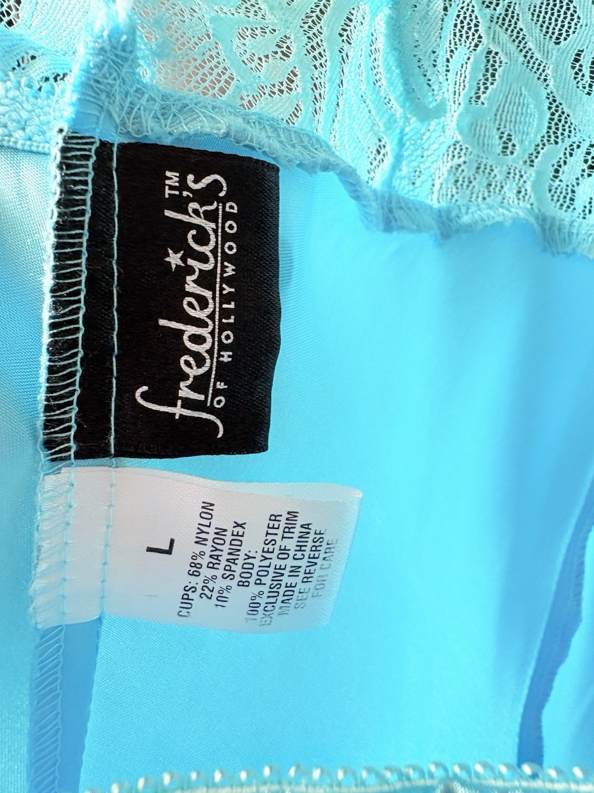 VTG Frederick’s of Hollywood Blue Satin Lace Dress Lingerie Size L Sexy Backless