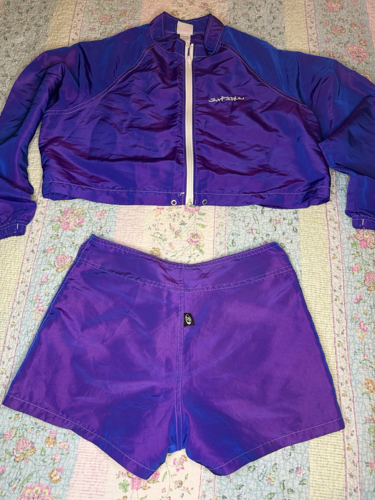 VTG 90s Y2K Surf Style Purple Iridescent Windbreaker Jacket & Board Shorts SM