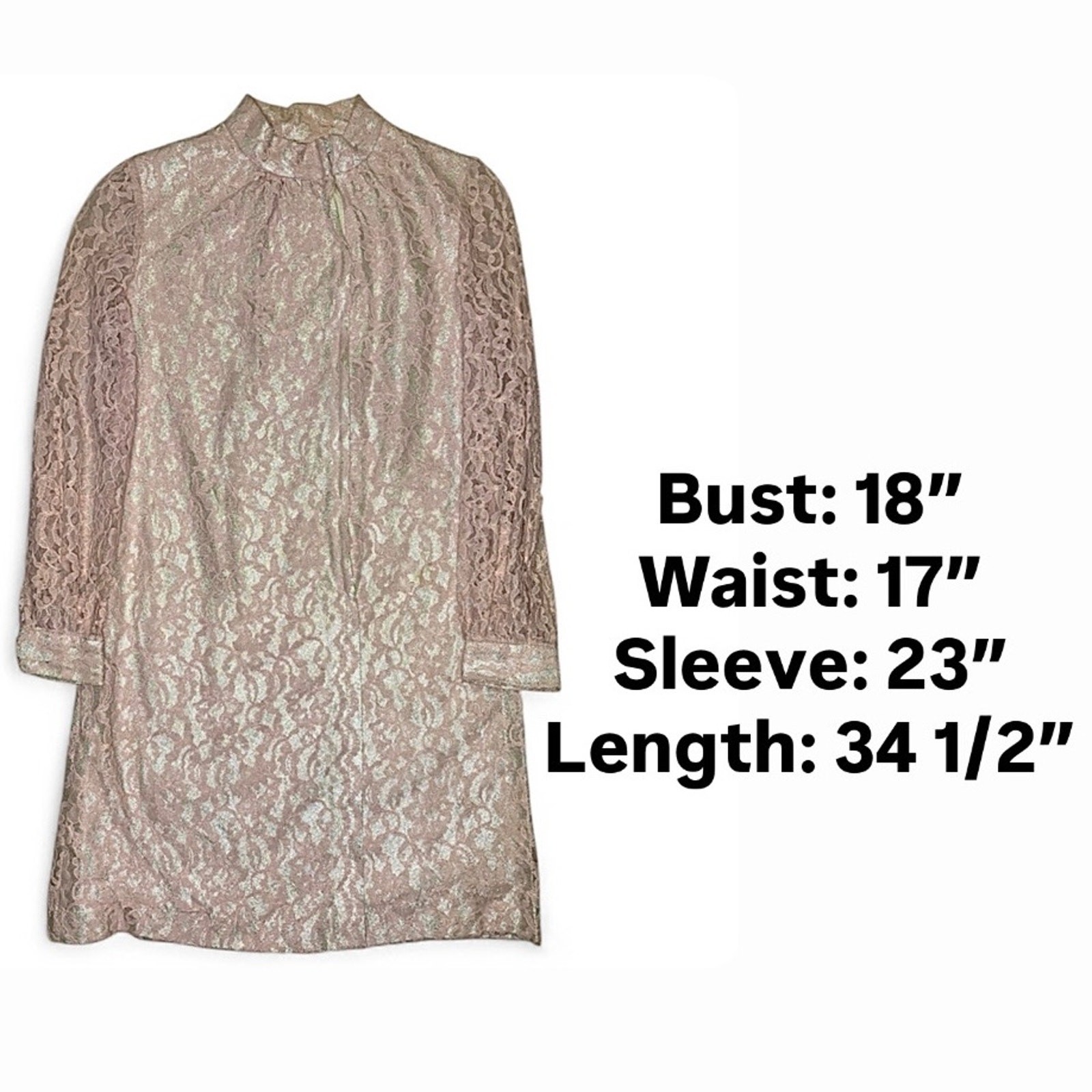 Vtg 60s Pink Metallic Lace Mini Dress S/M High Neck Mod Party Go-Go Sheer Sleeve
