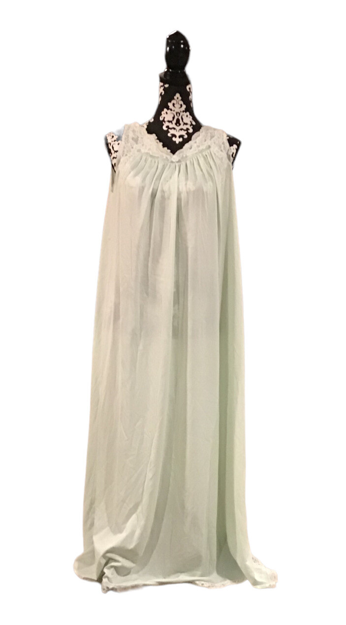 Shadow Line Vintage Nightgown Lingerie White Lace Seafoam Green Nylon Sz Medium.