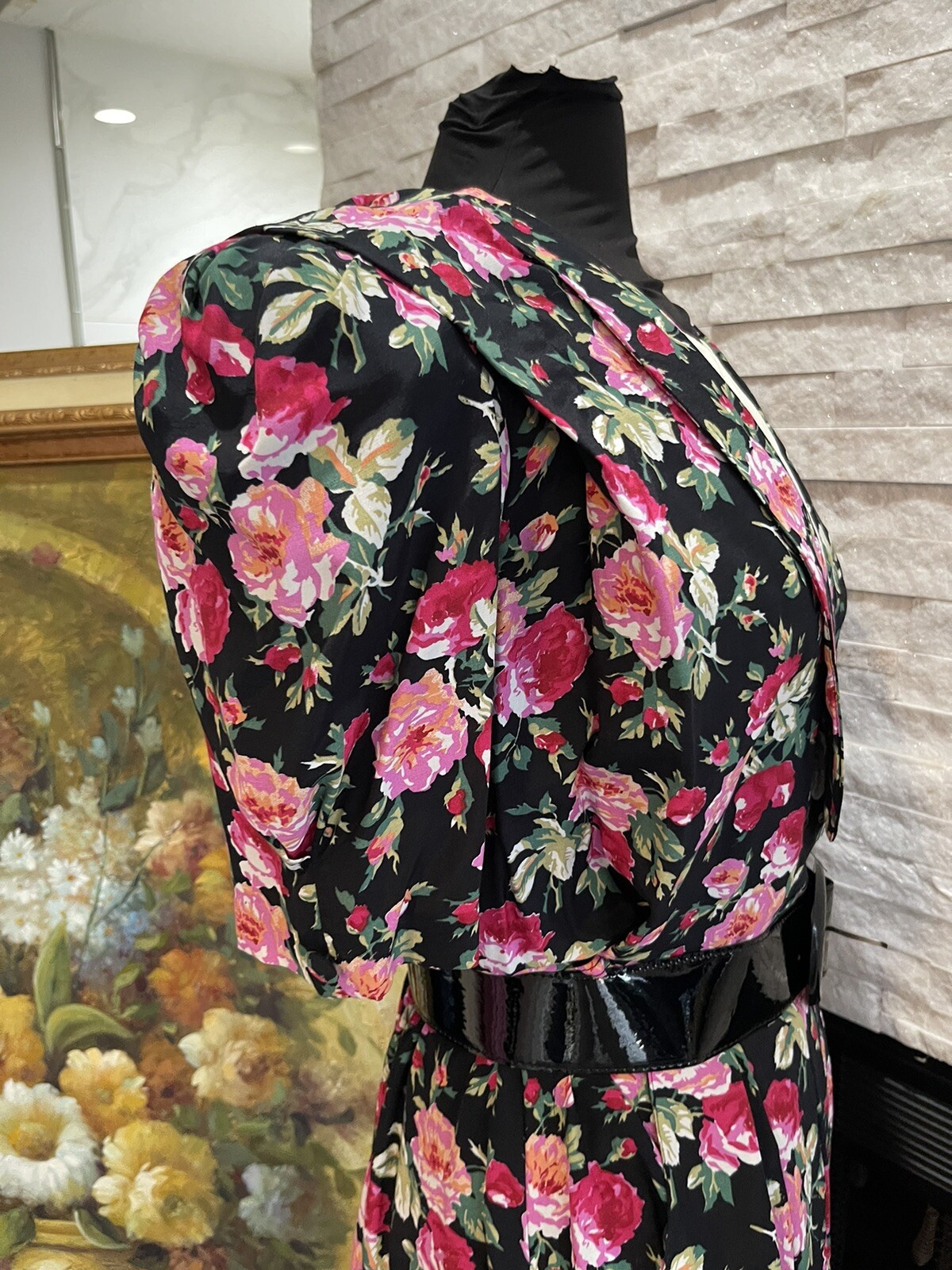 VTG 80s Cottage Core Trad Wife Floral Party Belted Day Dress Modest Size 1