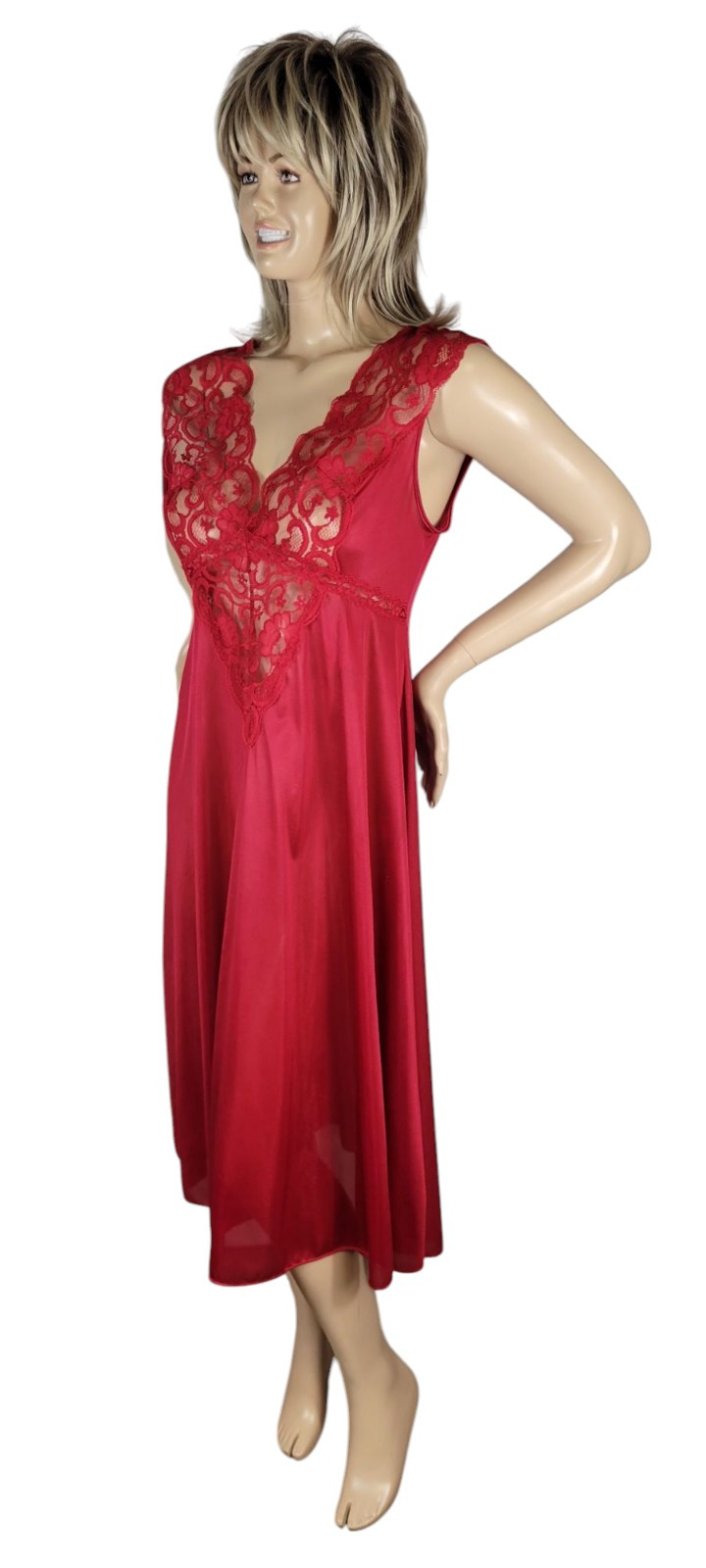 Vintage Soft Moments New York Red Nylon Satin & Semi Sheer Lace Slip Nightgown L