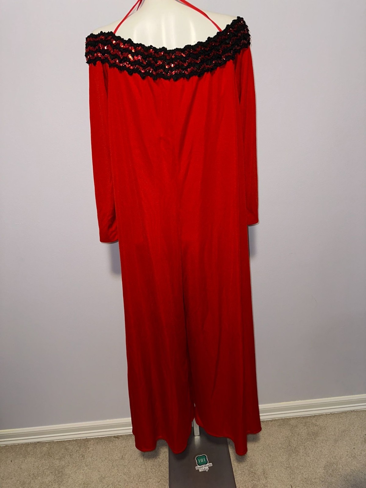 Vtg 70s Lilli Diamond Red Jumpsuit Off Shoulder Black Sequins Womens Size 10