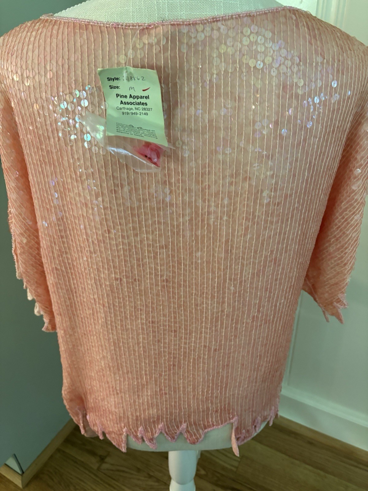 Vintage 80s Hand Beaded 100% Silk Top Pastel Pink Sequin. NWT!M Deadstock. India