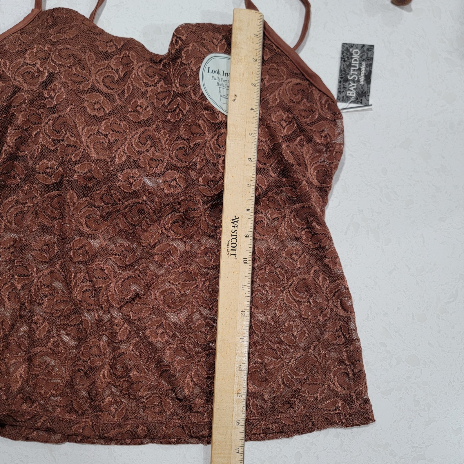 Bay Studio Intimates Cami Brown Lace Camisole Built In Bra Sz 38C NWT