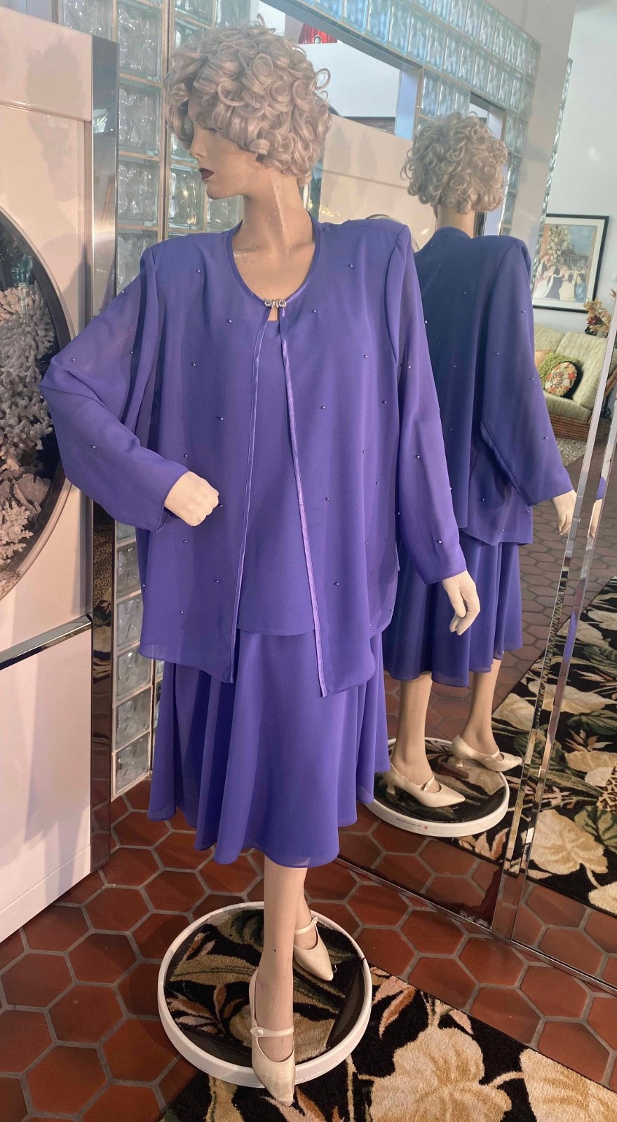 VTG Blue Violet Drop Waist Dress & Jacket Wedding Gatsby Flapper Size 20W 2 Pc