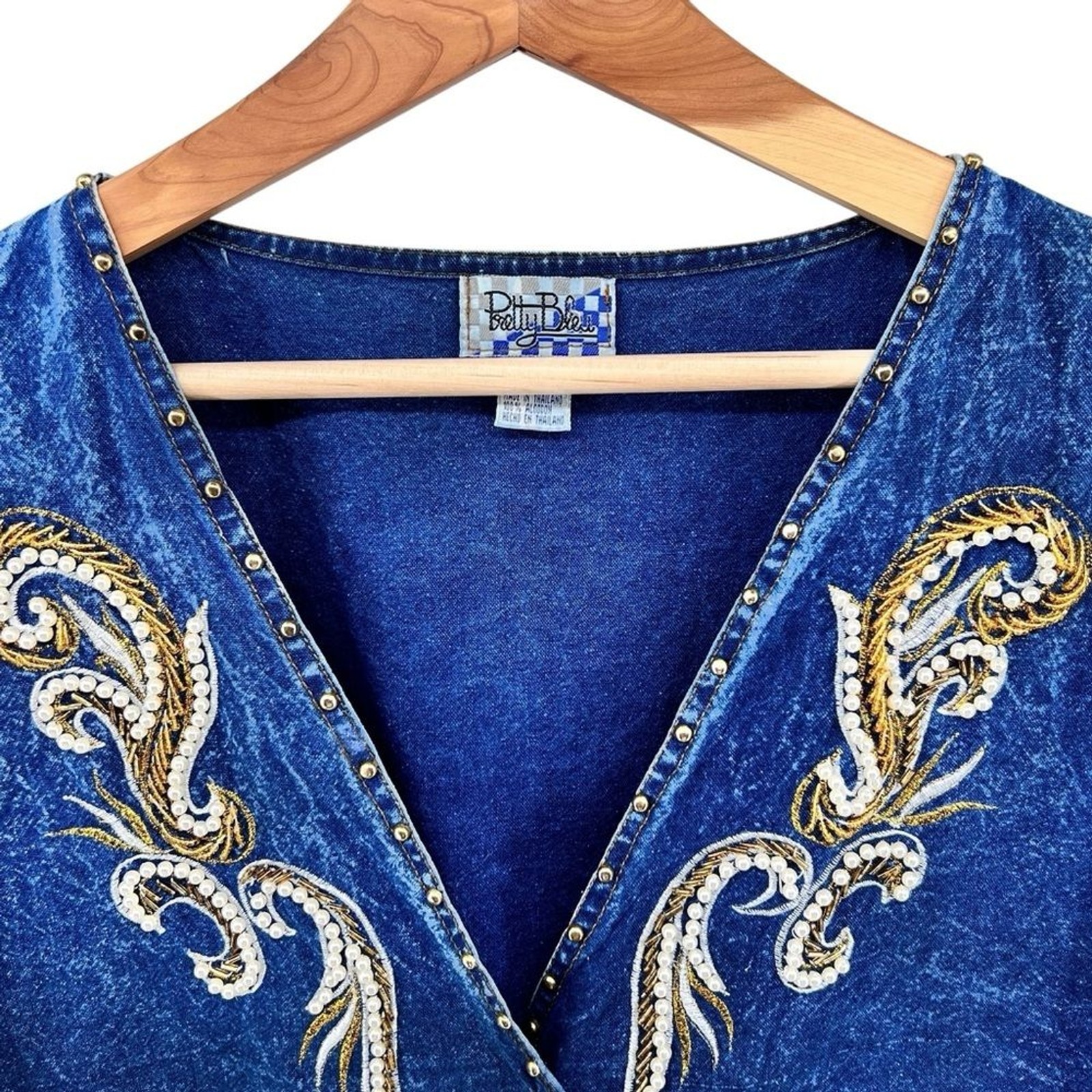 Vtg Pretty Bleu Gold Embellished Western Denim Jean Vest Sz L Beaded Embroidery