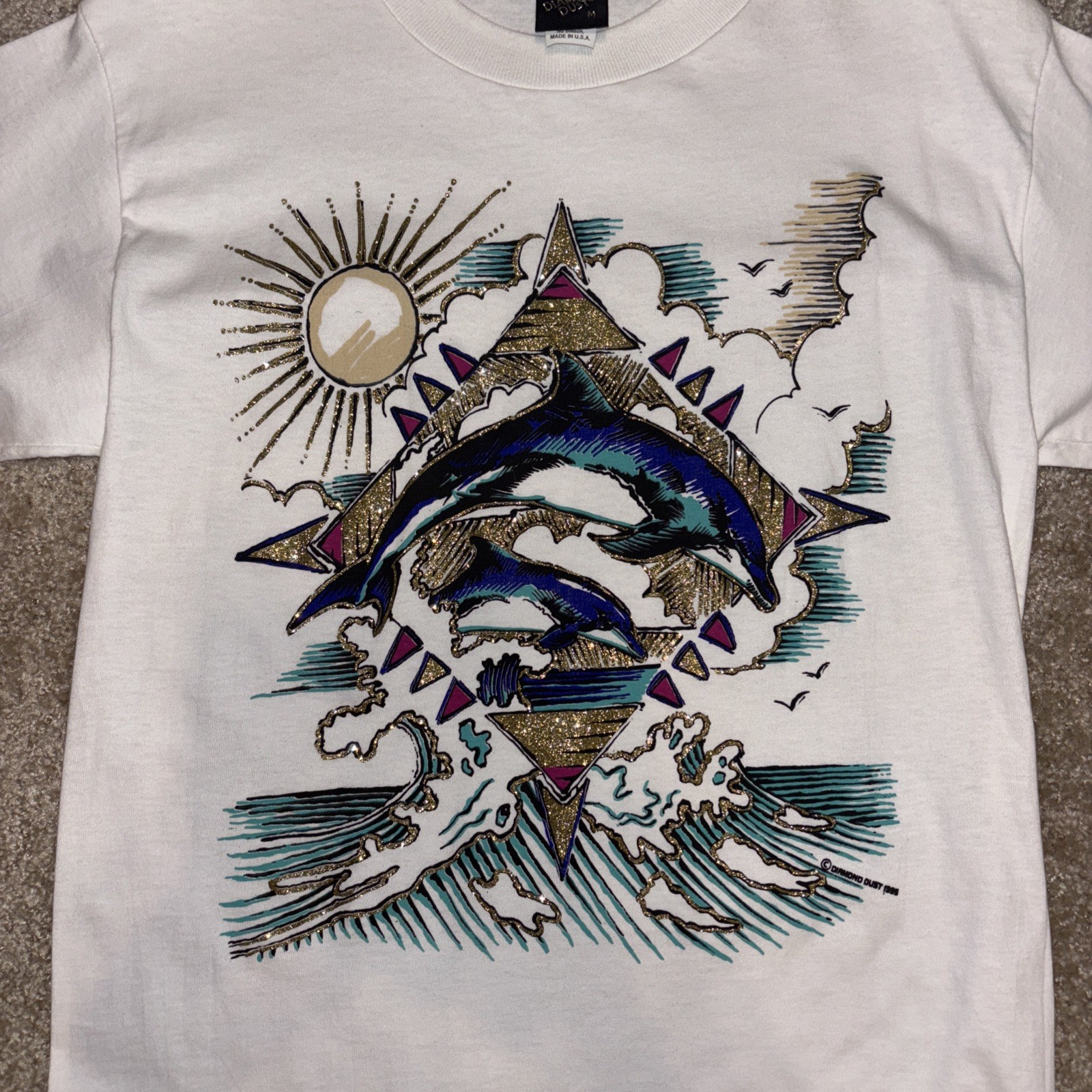 Vintage White 90’s DIAMOND DUST Glitter Dolphin T-shirt Medium single stitch