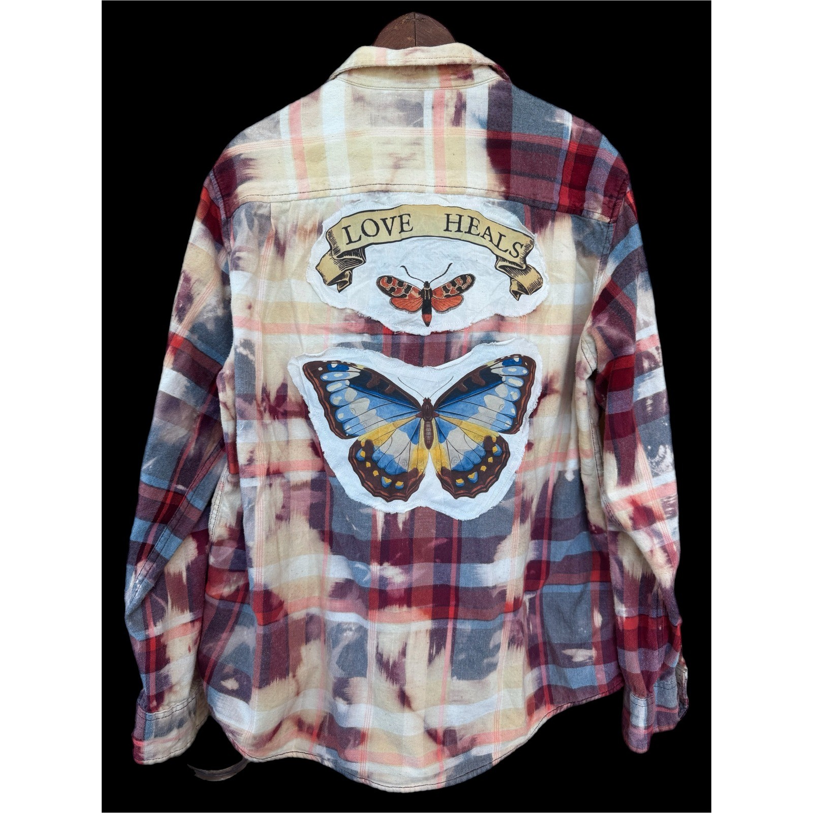 Upcycled Butterfly Flannel Shirt Large Bleach Dyed Love Heals Cotton
