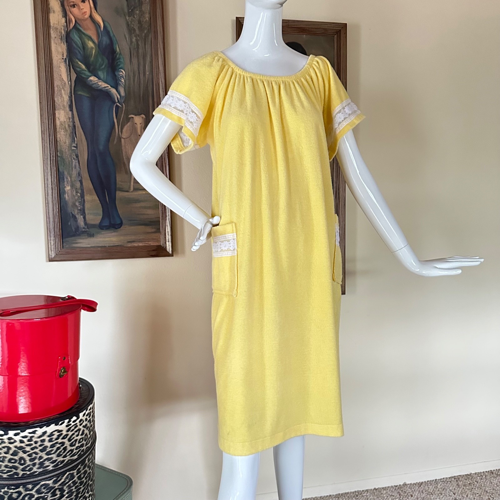 Vintage 1970s Sunshine Yellow Terrycloth Lounge House Dress Lace Trim OS