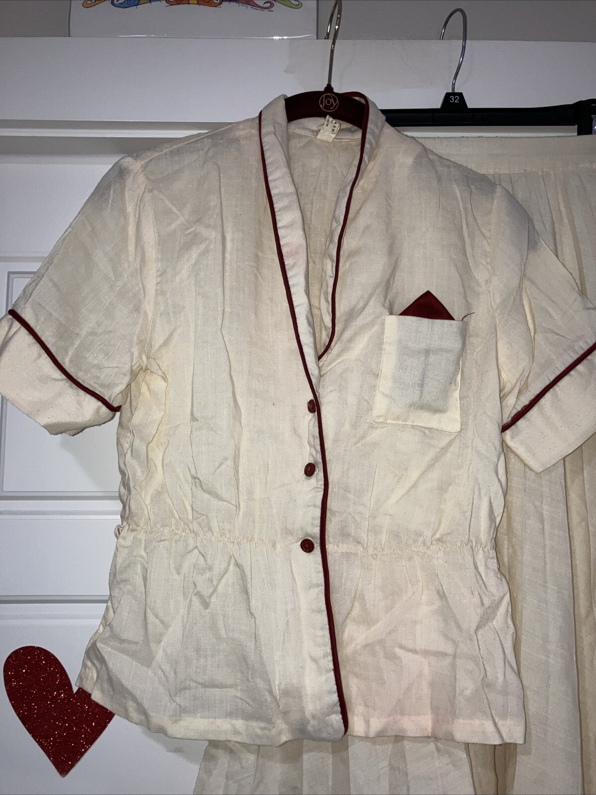 Vintage Jacket Skirt Suit Outfit Set Ivory W/Wine Piping Lightweight Size XS/S?