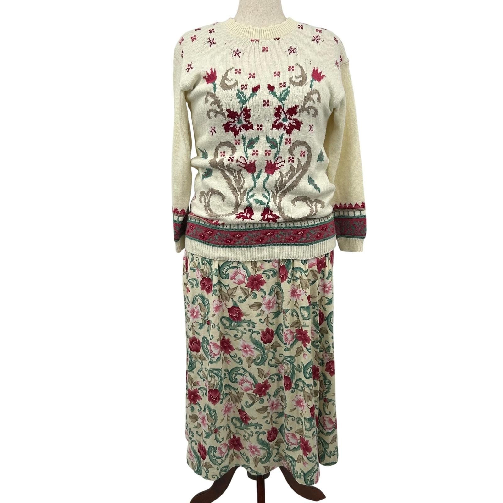 Cottagecore Sweater Skirt Set Womens M Cream Floral Intarsia Knit Prairie 90s