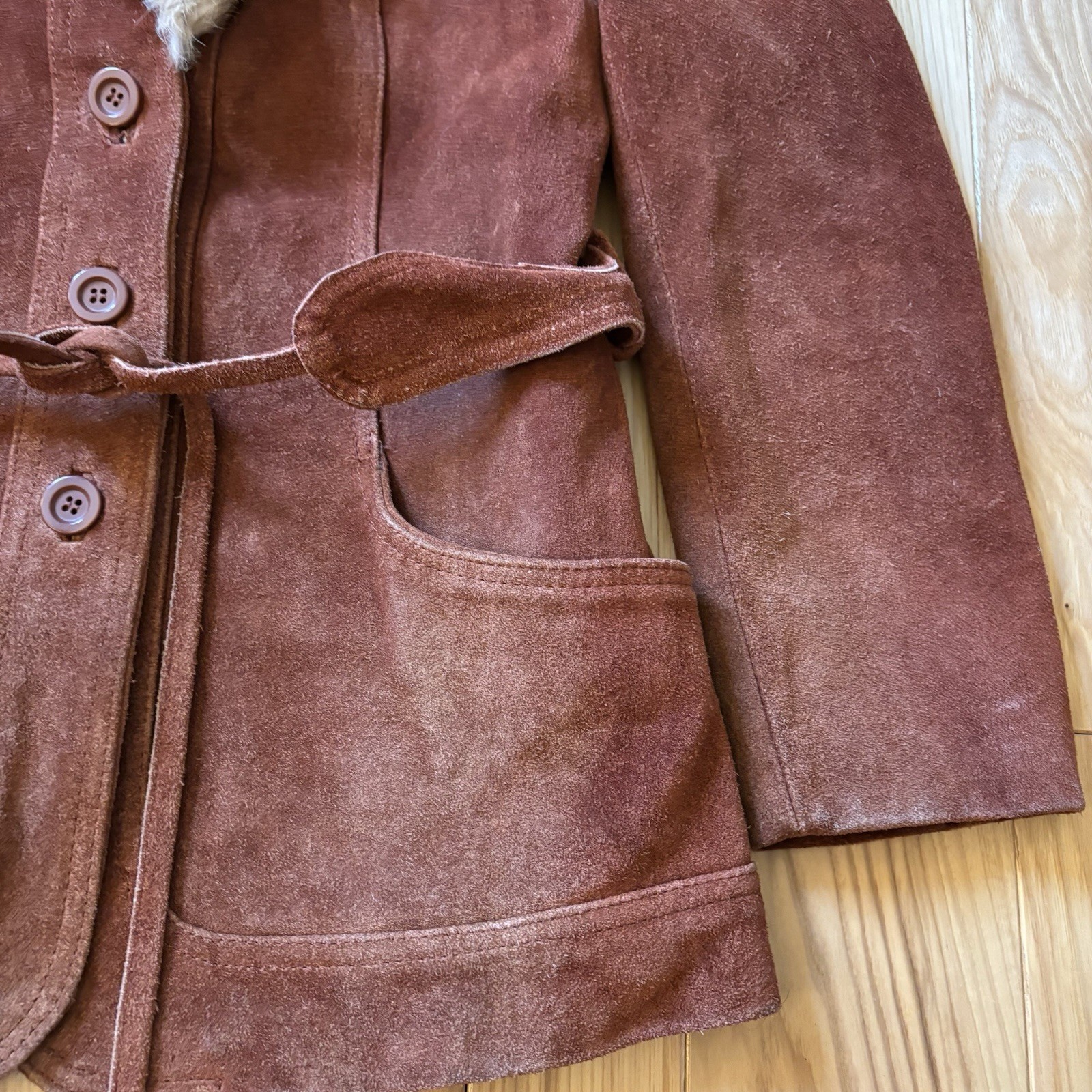Vintage 70’s Genuine Suede Leather Rabbit Fur Collar Belted Jacket