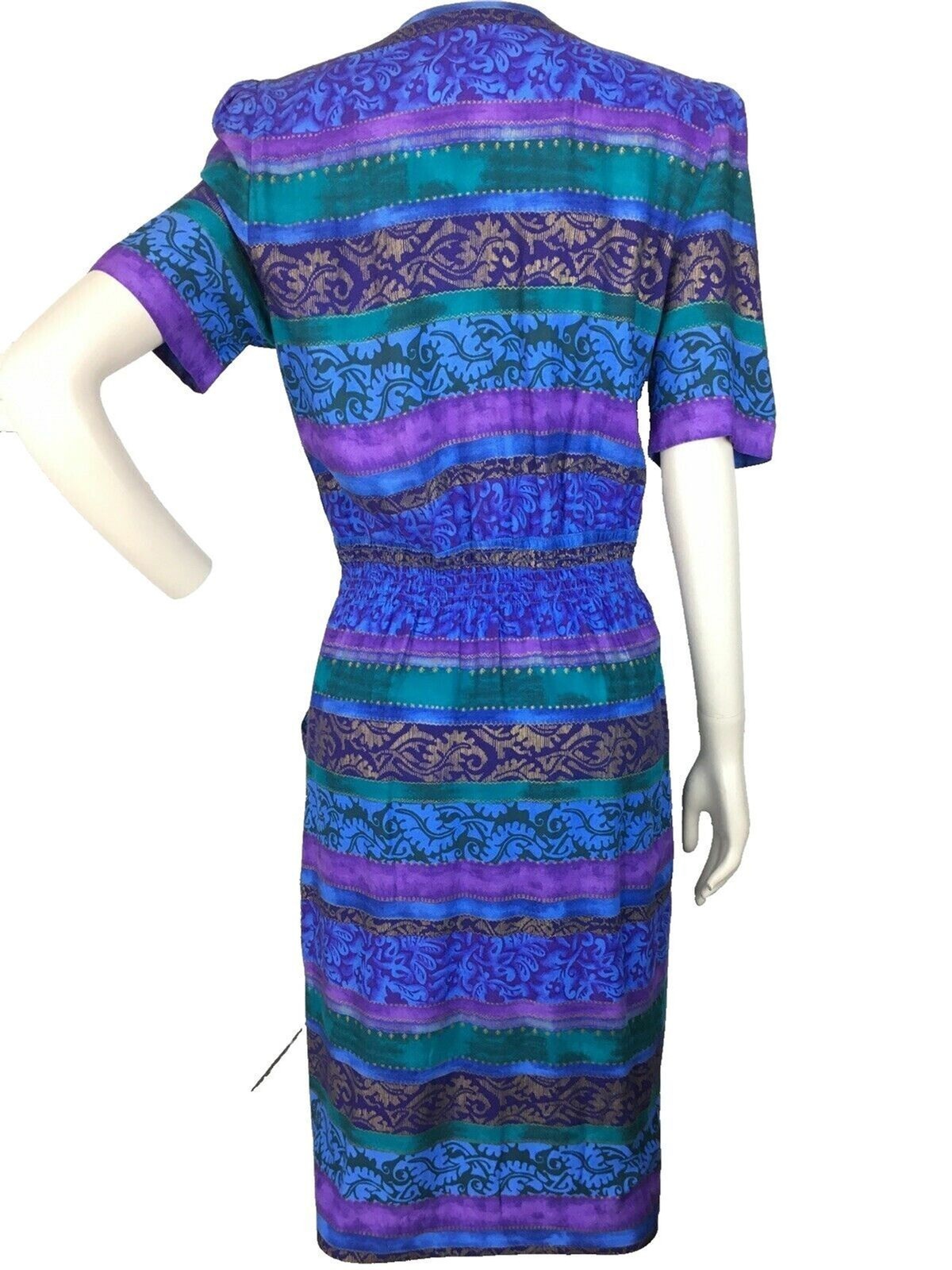 Vintage 80s 90s Positive Attitude Colorful Striped Gold Shirt Dress Size 6