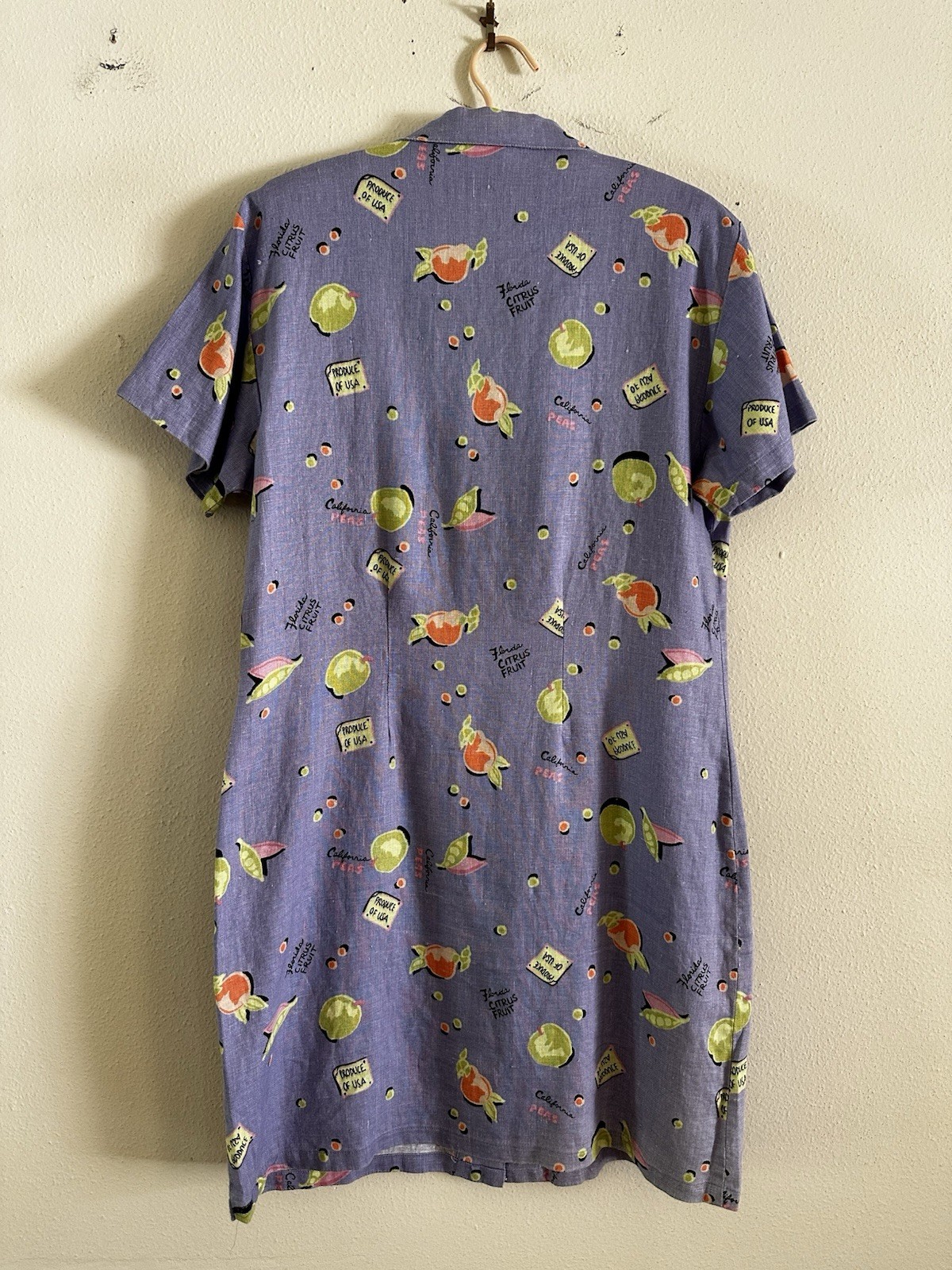 Vintage 90s Linen Novelty Citrus Fruit Shirt Dress Purple Button Front Kiko S M