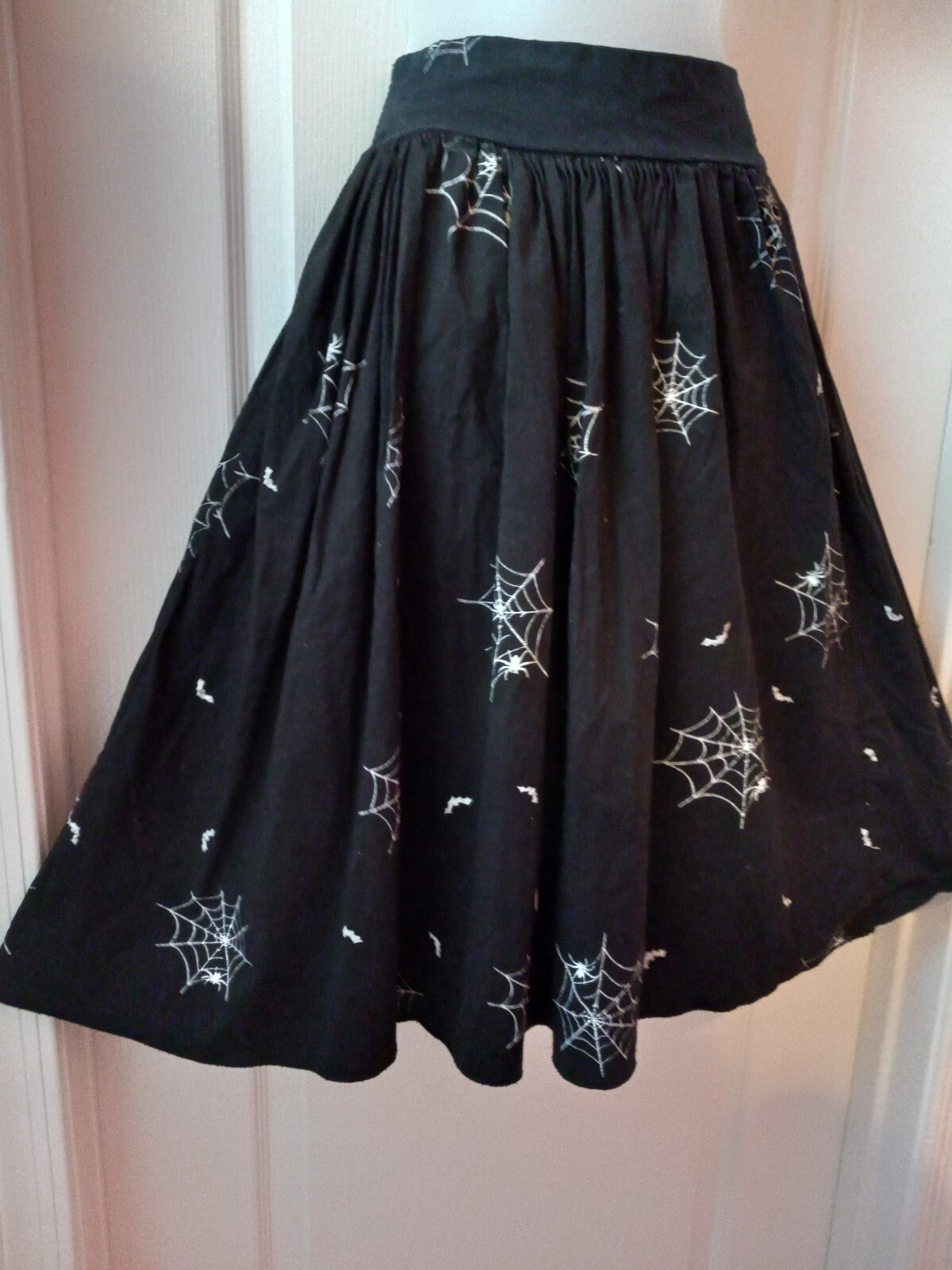 Vintage 80s Black Spider Web Bat Cotton Full Skirt Halloween Novelty Print S/M