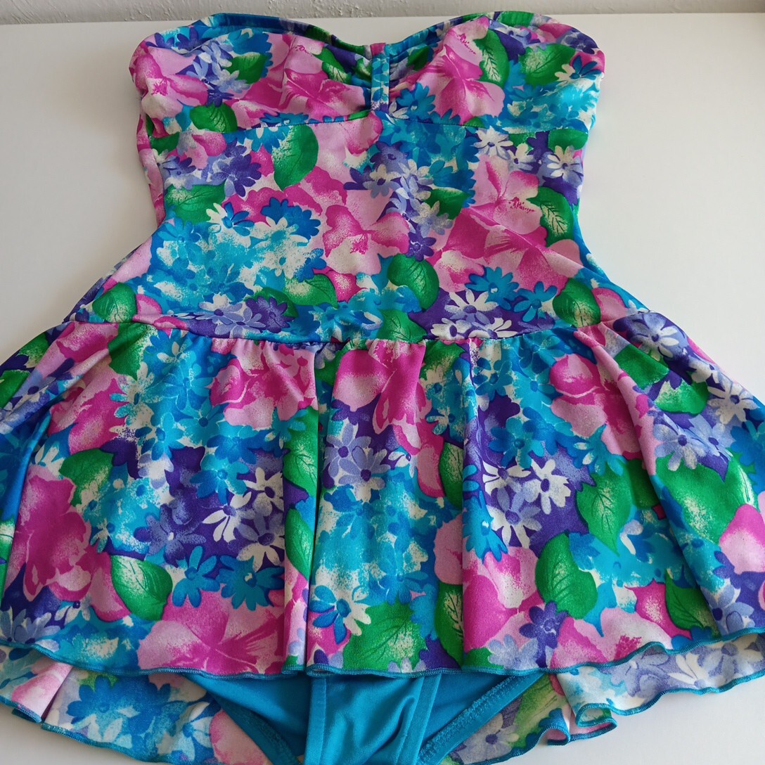 Vtg 14 One Piece Floral Sea Fashions of California Skirt Swimsuit Bathing Suit