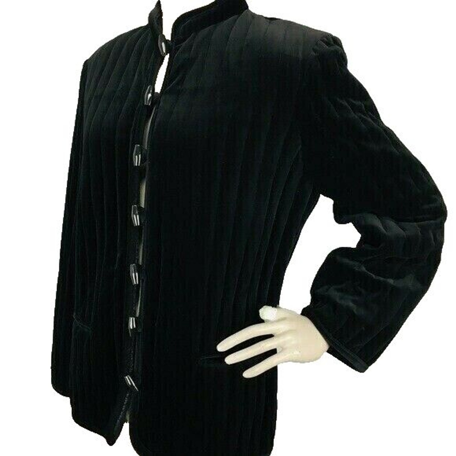 Vintage 60s BUTTE Black Velvet Quilted Mandarin Collar Toggle Coat Size M/L