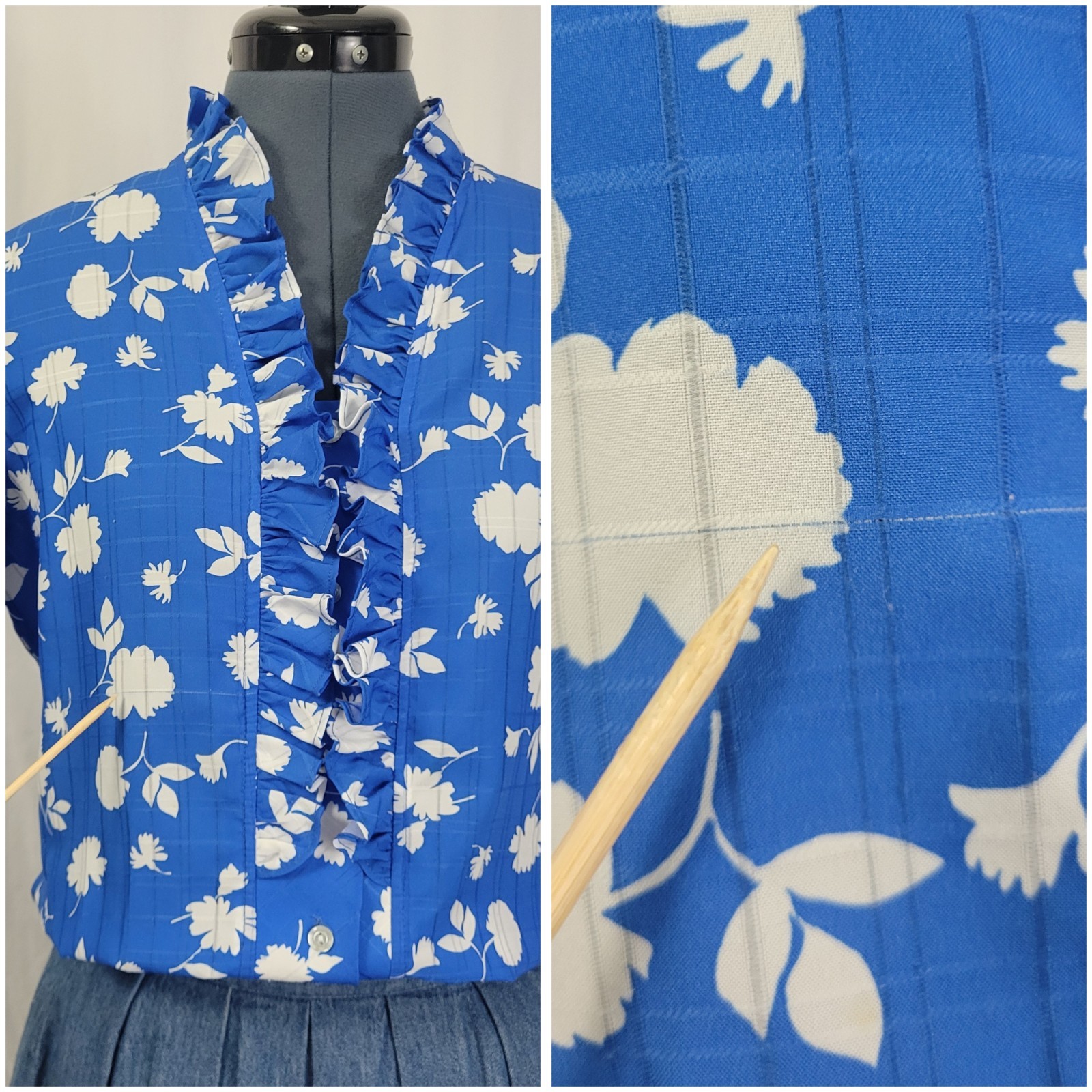Vtg Jonquil Blue S/S Blouse w White Florals & Ruffled Collar/Button Down Size 12