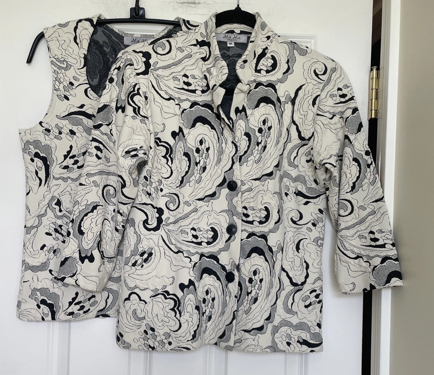 Vtg Me Me Black Jacquard Paisley Set Size M 3/4 Sleeve Jacket Sleeveless Top
