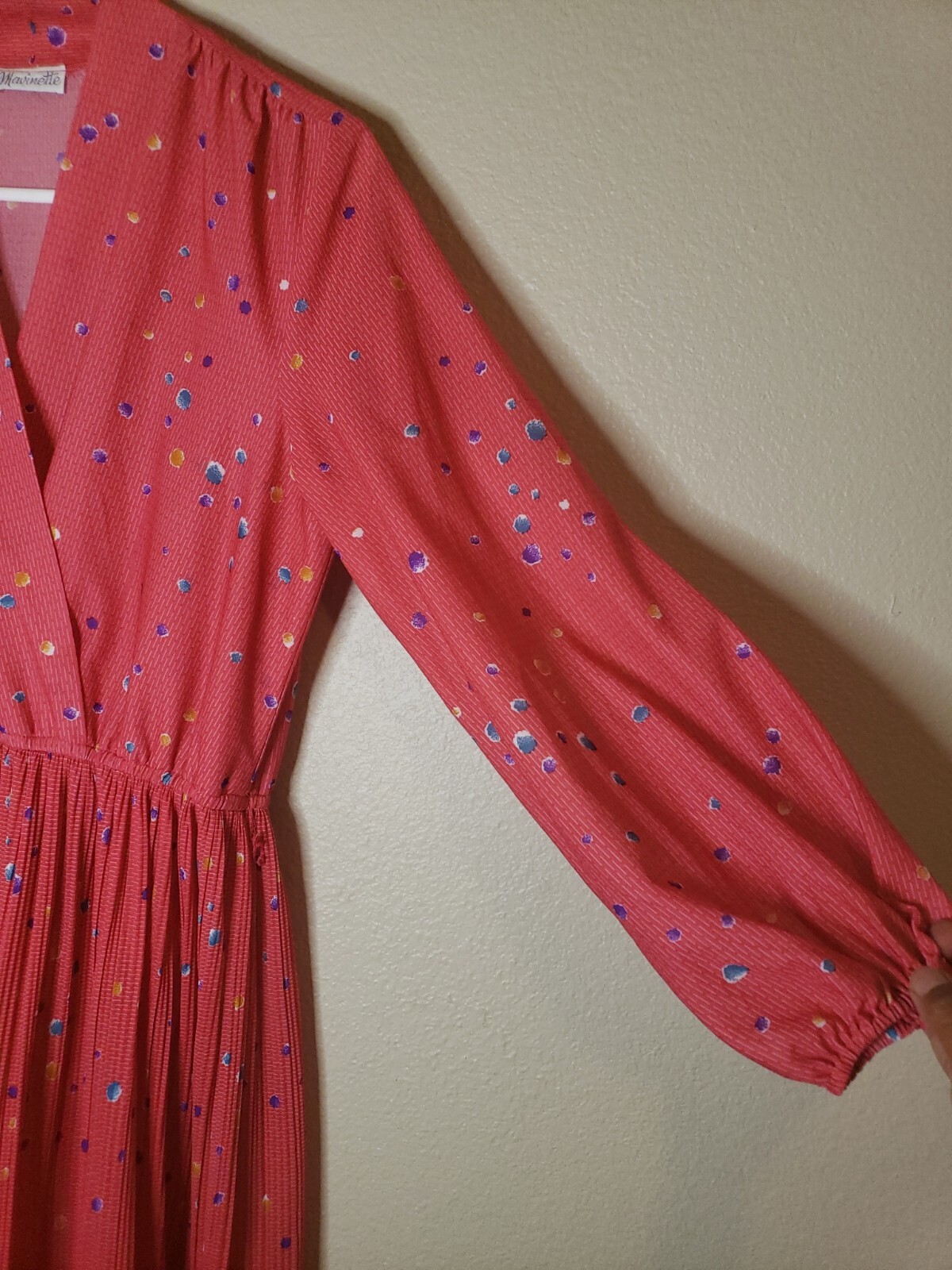 Vintage Mavinette Women’s Coral Dotted Long Sleeve Pleated Faux Wrap Dress