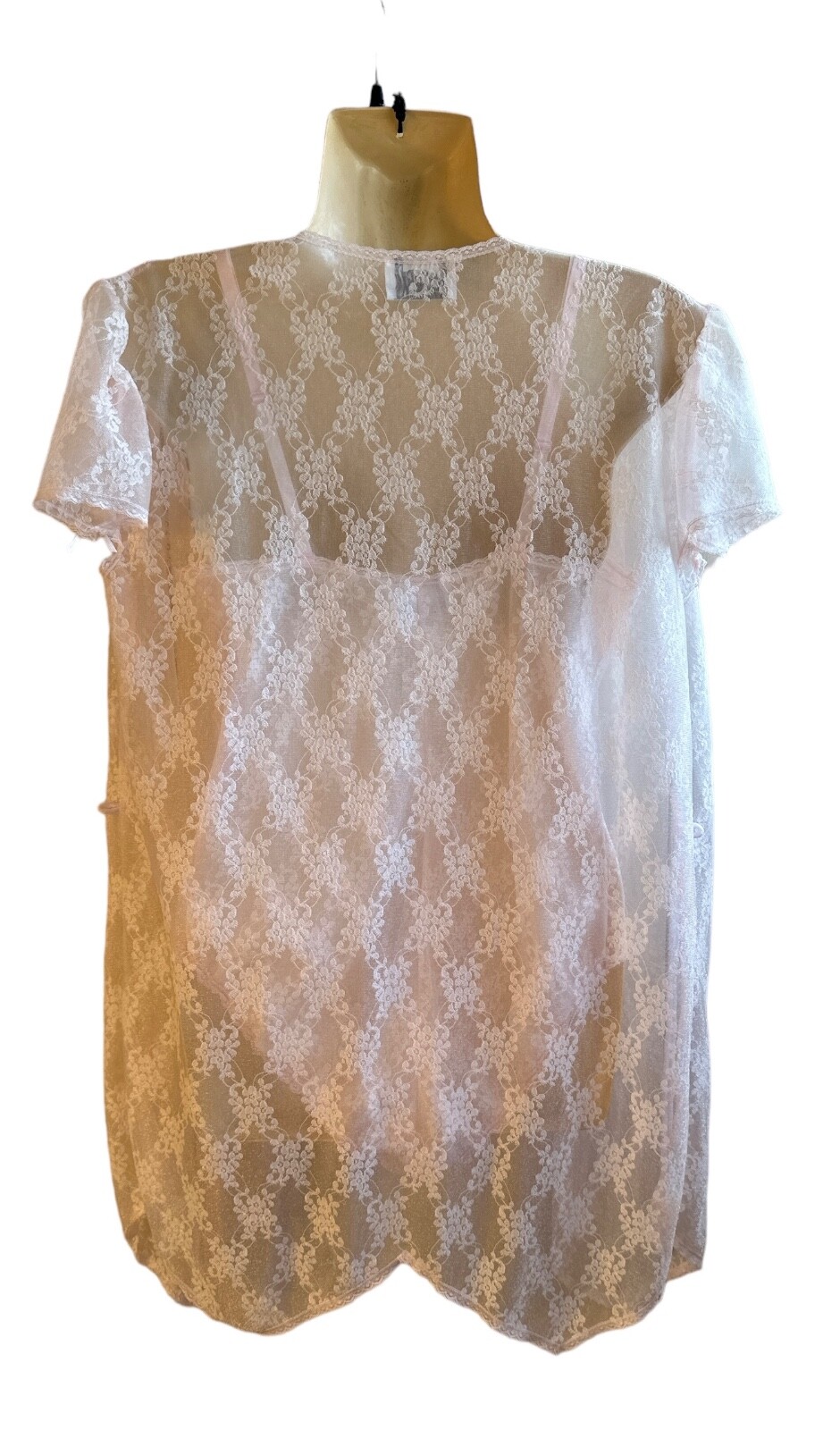 Women’s 2pc Vintage Samye Teddy Lingerie Sheer Soft Floral Lace and Robe Size Sm
