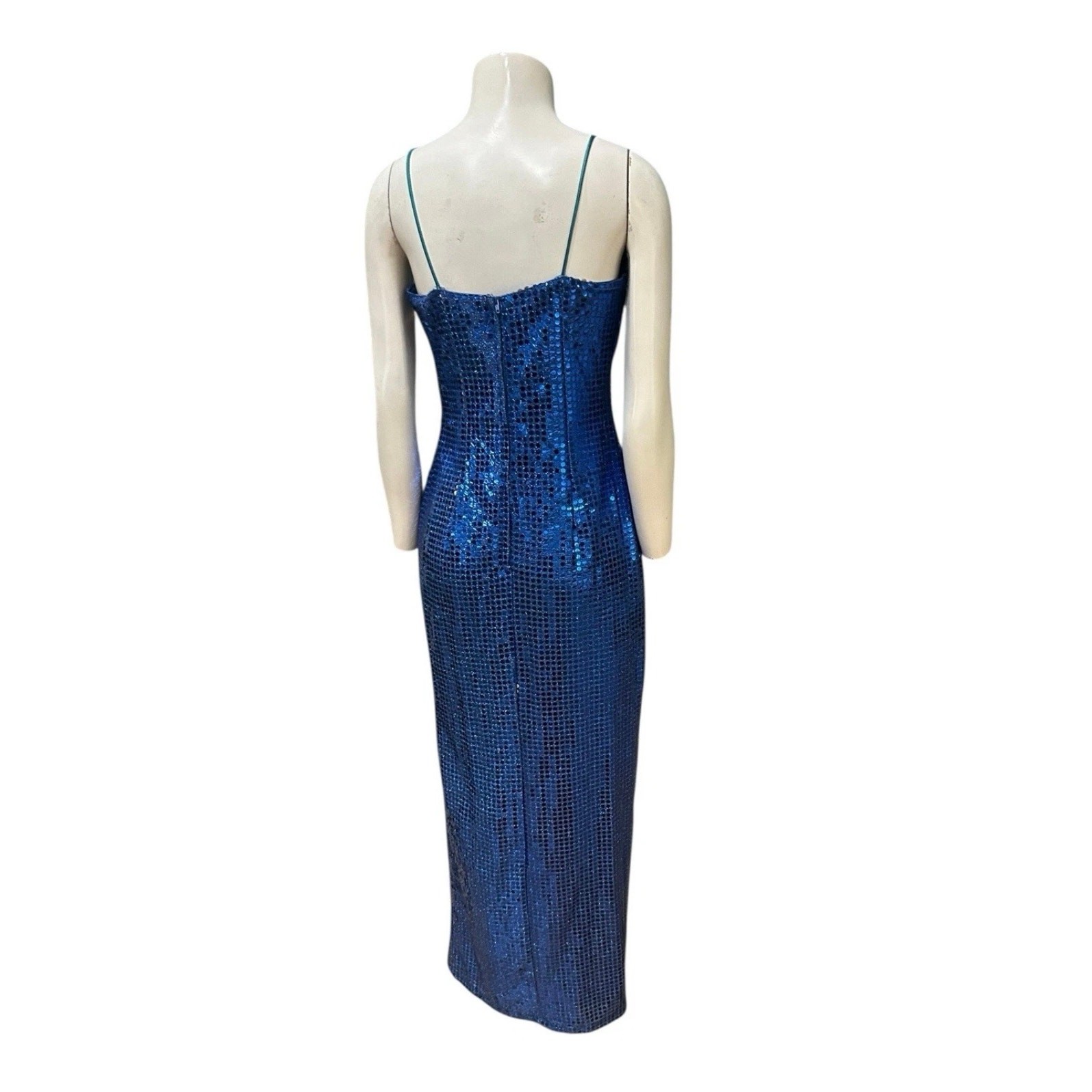 Vintage L.A. Glo Blue Sequin Maxi Dress 90s Spaghetti Strap Gown Small ^