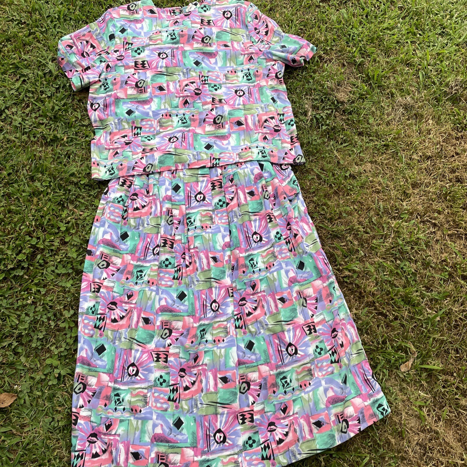 Vintage KATIE BROOKE 2 Piece Outfit Skirt SUIT Top Blouse BRIGHT AZTEC L❤️sj7m59