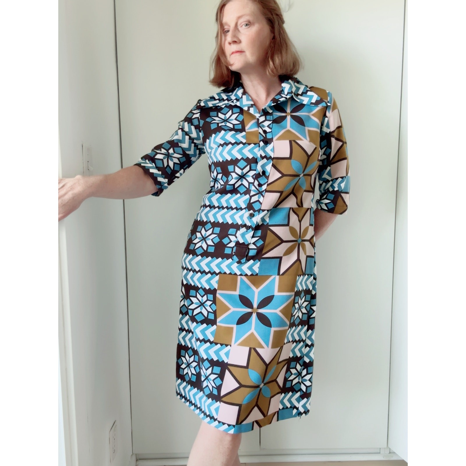 Vtg 70s LANVIN Paris OP Art MOD Dagger Collar Shirt Dress Sz M 8-10 Fit