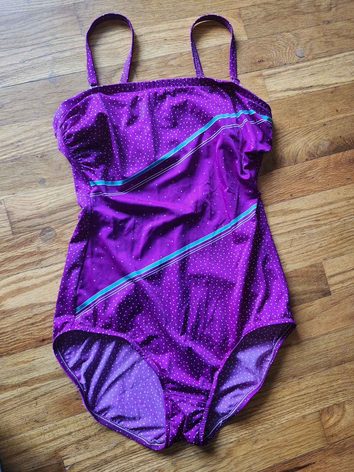 Vintage 70s 80s Robby Len Purple & Dots 1 piece swimsuit women size Medium 15/16