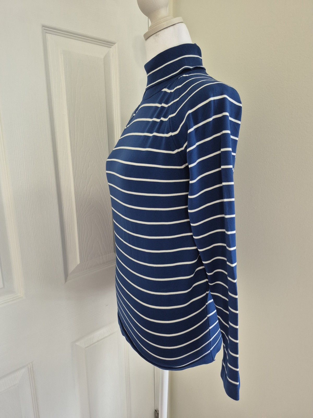 Vintage 70s Style Blue White Striped Ribbed Turtleneck Back Zip Women -Small