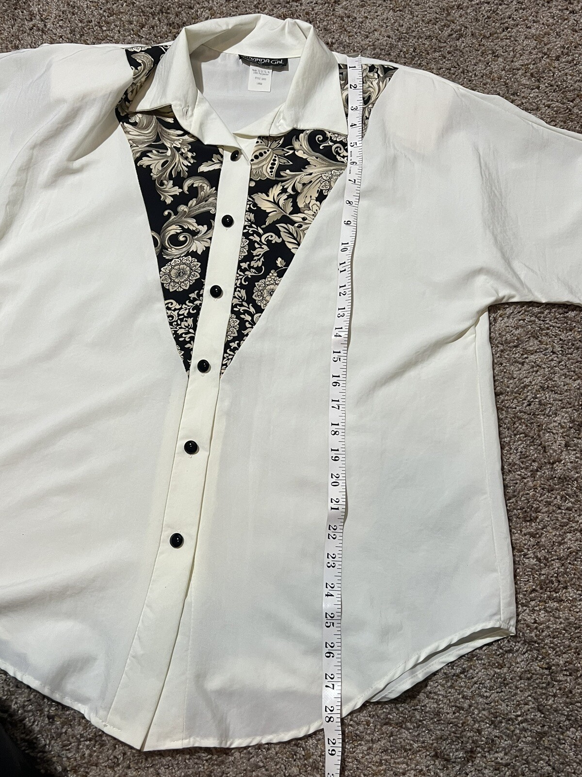 My Kinda Gal VTG Cream Blouse Black Paisley Shoulder Pads Sz L Granny core