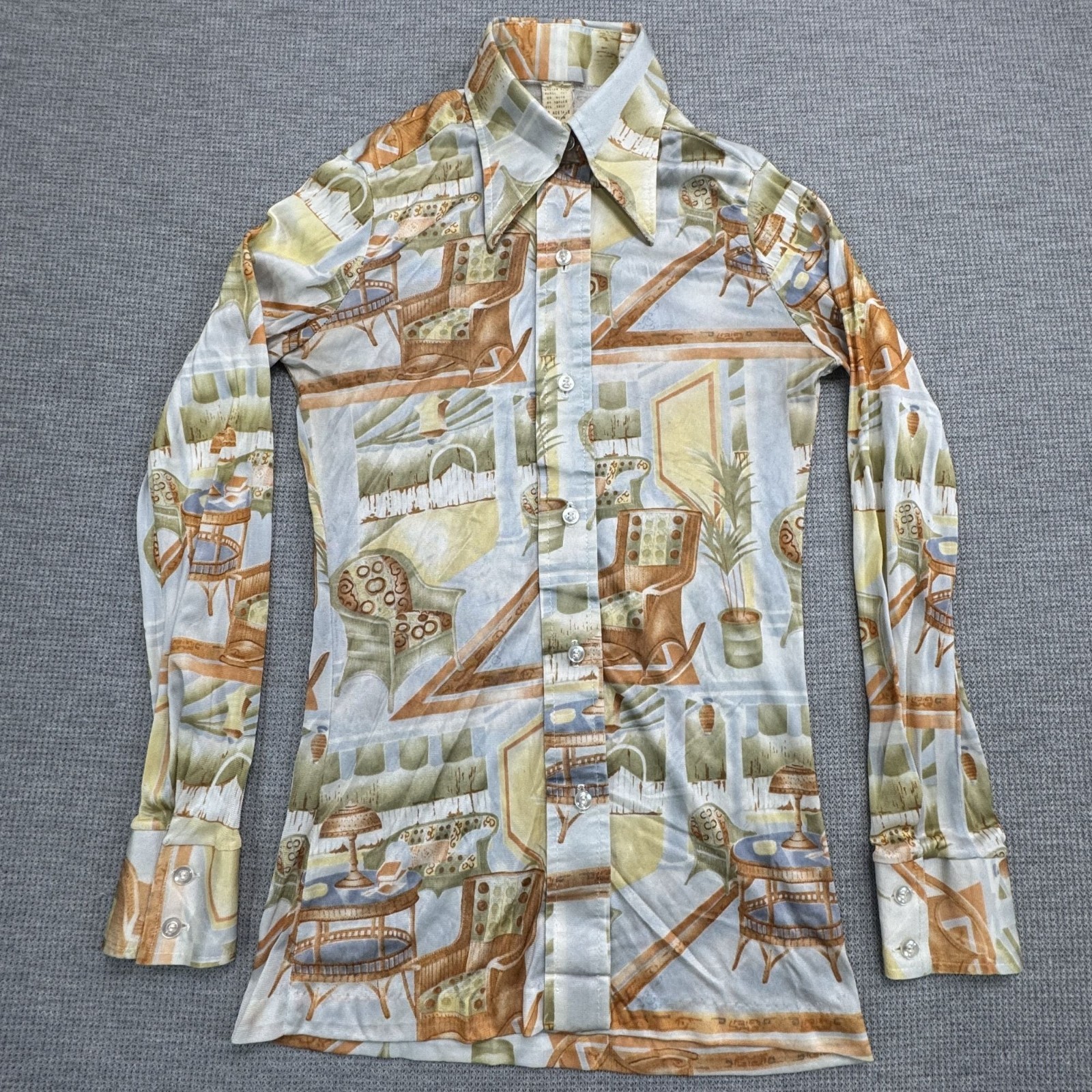 Vintage 70s Long Sleeve Collared Shirt With Retro Interior Design Print Size 7/8