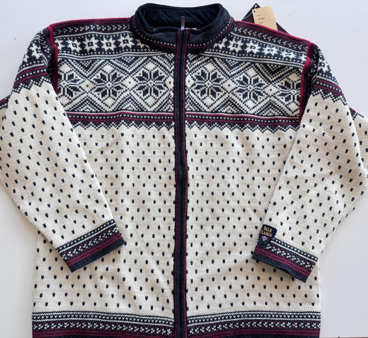 Dale of Norway Wool Zip Black Beige Snowflake Red Winter Trim Sweater Jacket L
