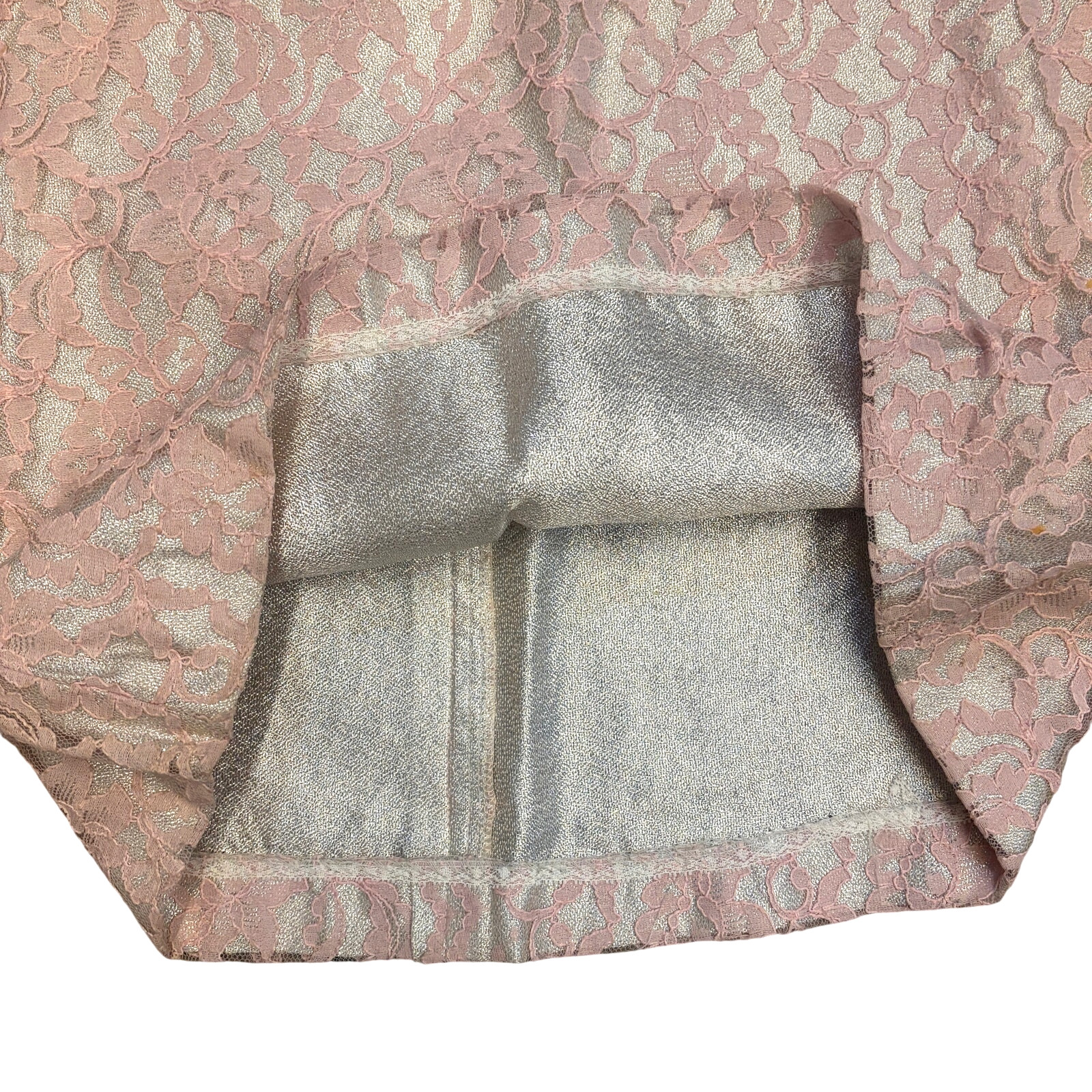 Vtg 60s Pink Metallic Lace Mini Dress S/M High Neck Mod Party Go-Go Sheer Sleeve