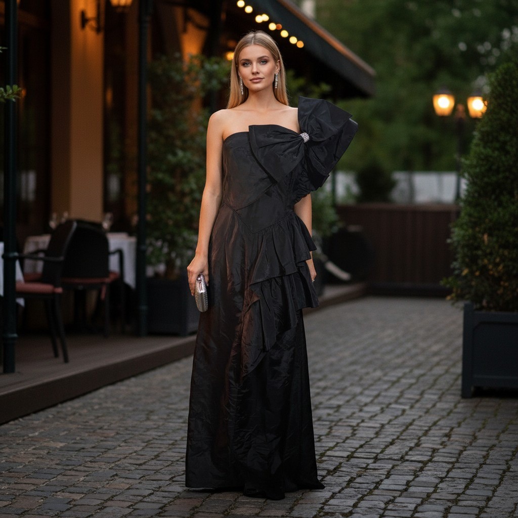 Vintage 80’s Climax Karen Okada David Howard Black One Shoulder Bow Ruffle Gown