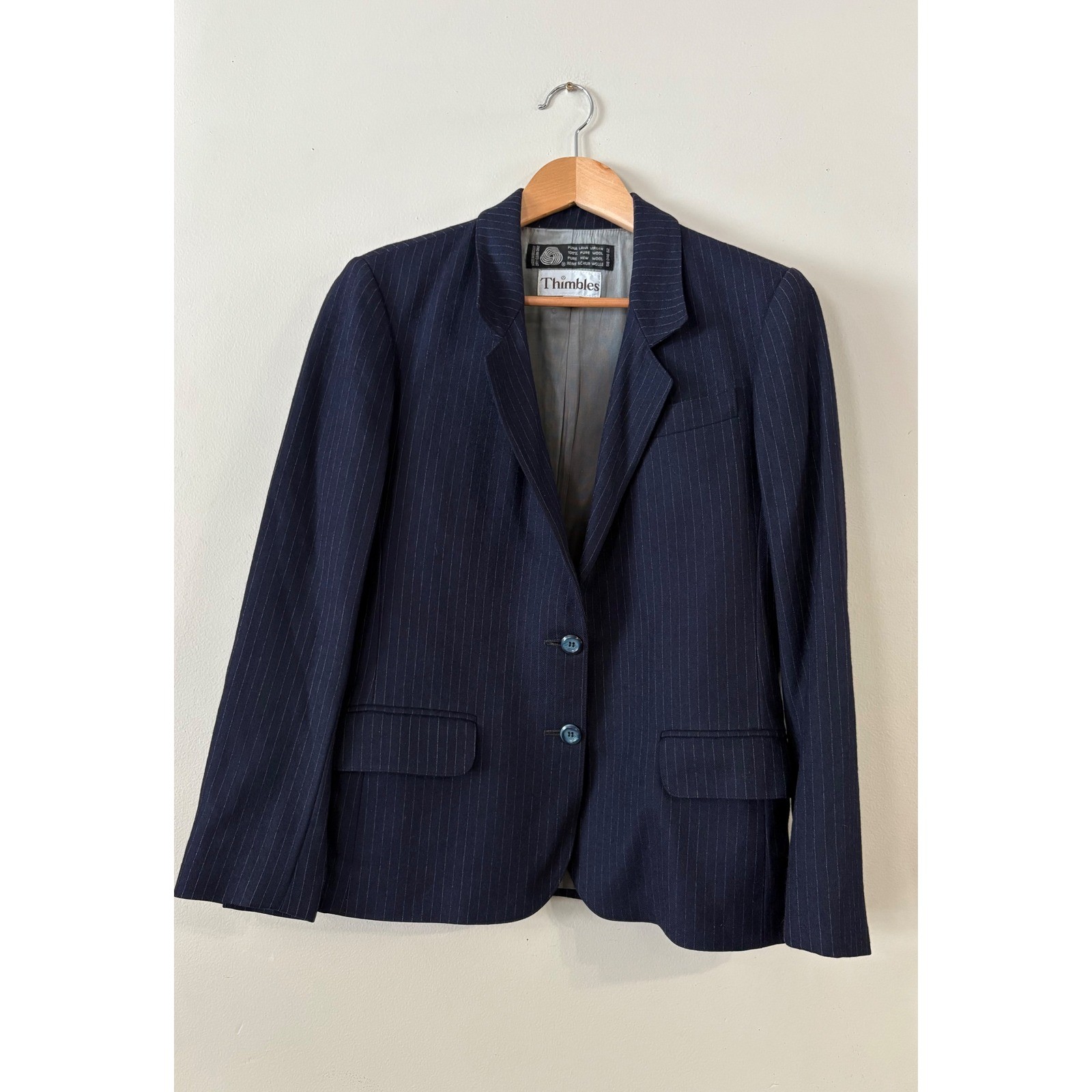 Vintage Thimbles Women’s 12 100% Wool Navy Pinstripe Blazer 2 Button Lined