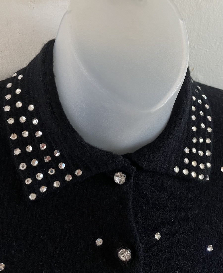 Vintage 1950s Schiaparelli Paris Knit Crystal Rhinestone Cardigan Sweater Sz S/M