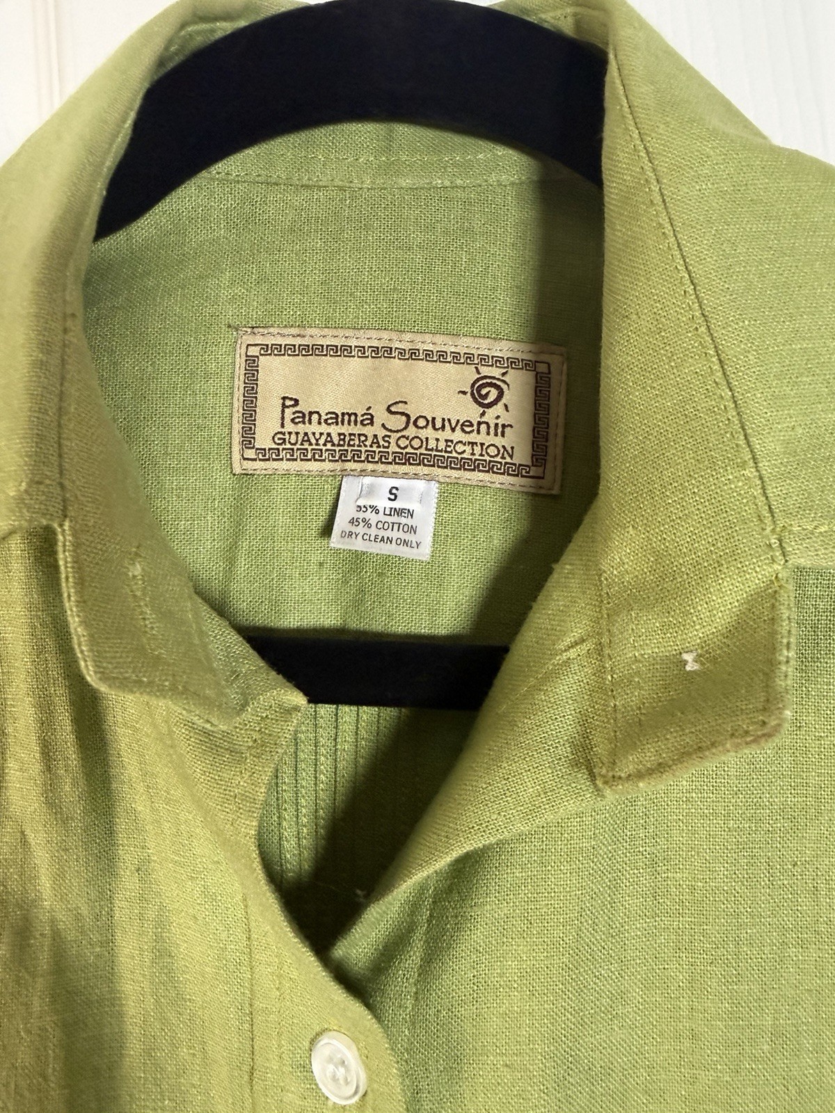 Vintage Panama Souvenir Guayabera Shirt S 55% Linen Cotton Green 4 Pocket
