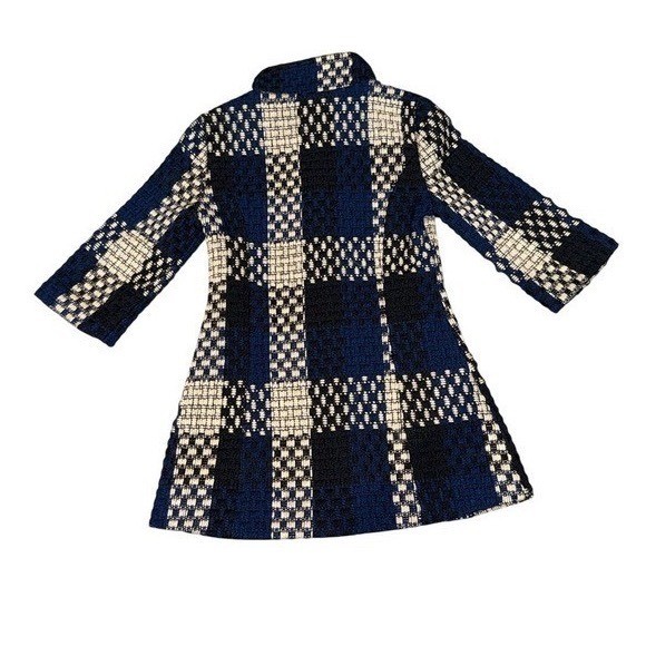 VINTAGE Handmade Korean Textured Weave Coat Navy Blue Cream Plaid A-Line | Sz M