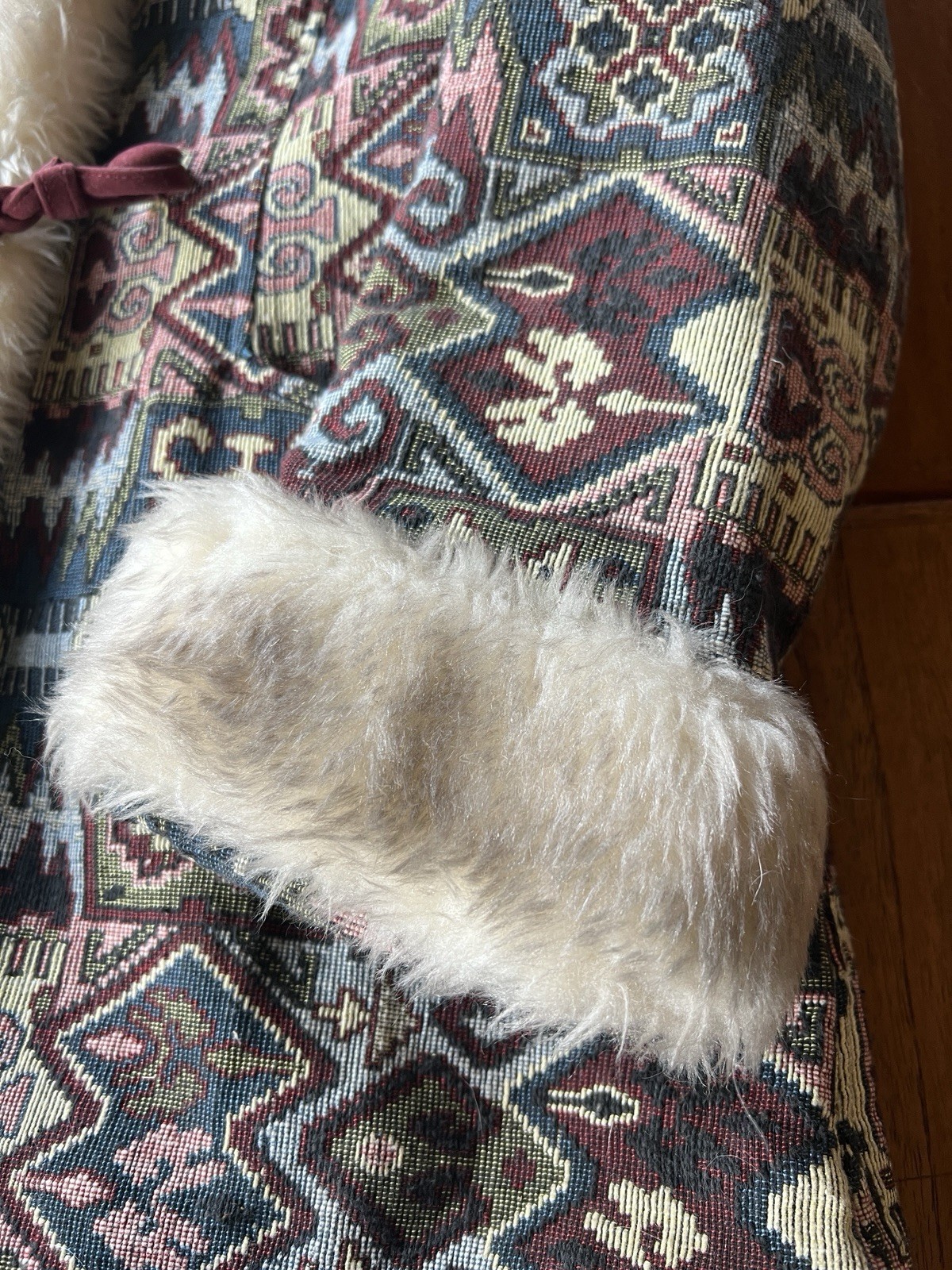 Vtg 60’s Boho Tapestry Carpet Coat Faux Fur