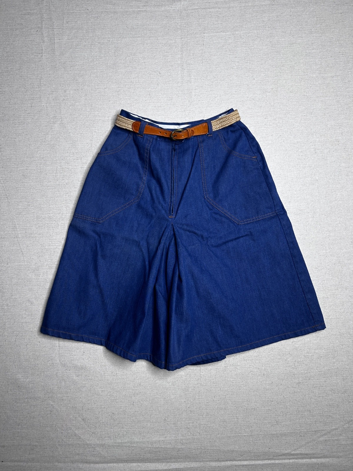 VTG 70s Sears Denim Culottes Skort High Waist Wide Leg Shorts Belted Sz 24 25 26