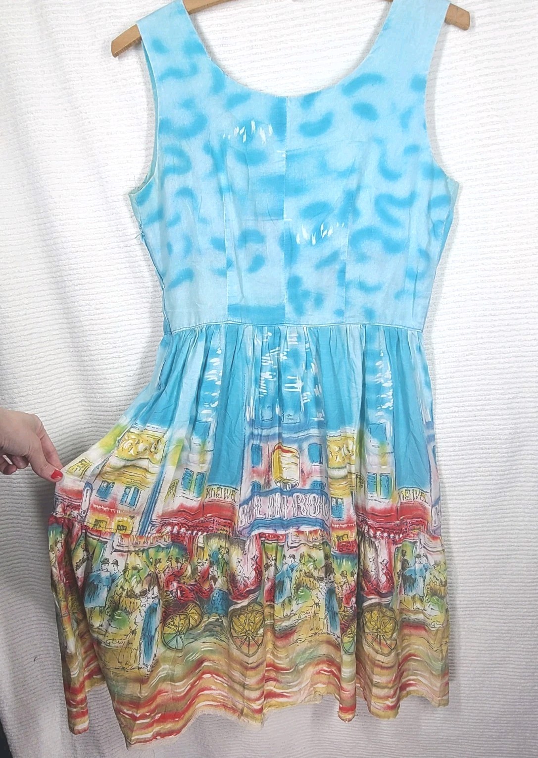 Vtg 50s Moulin Rouge Dress Border Print Tiered Skirt Novelty Cotton RARE AsIs S