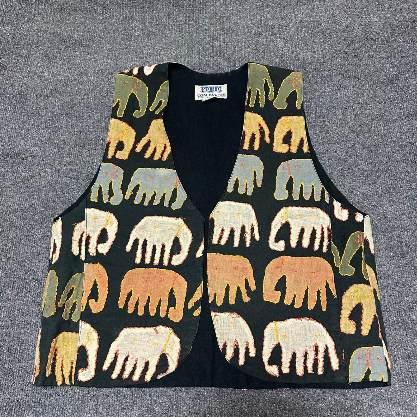 Vintage Soho Compagnie Elephant Applique Cotton Vest Black Boho Small India