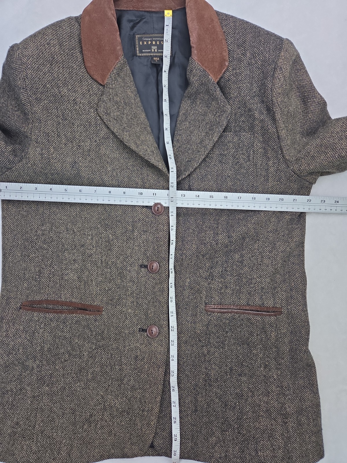 Vtg 1990s Equestrian Riding Wool Blazer Tweed Leather Lapels Size L Express