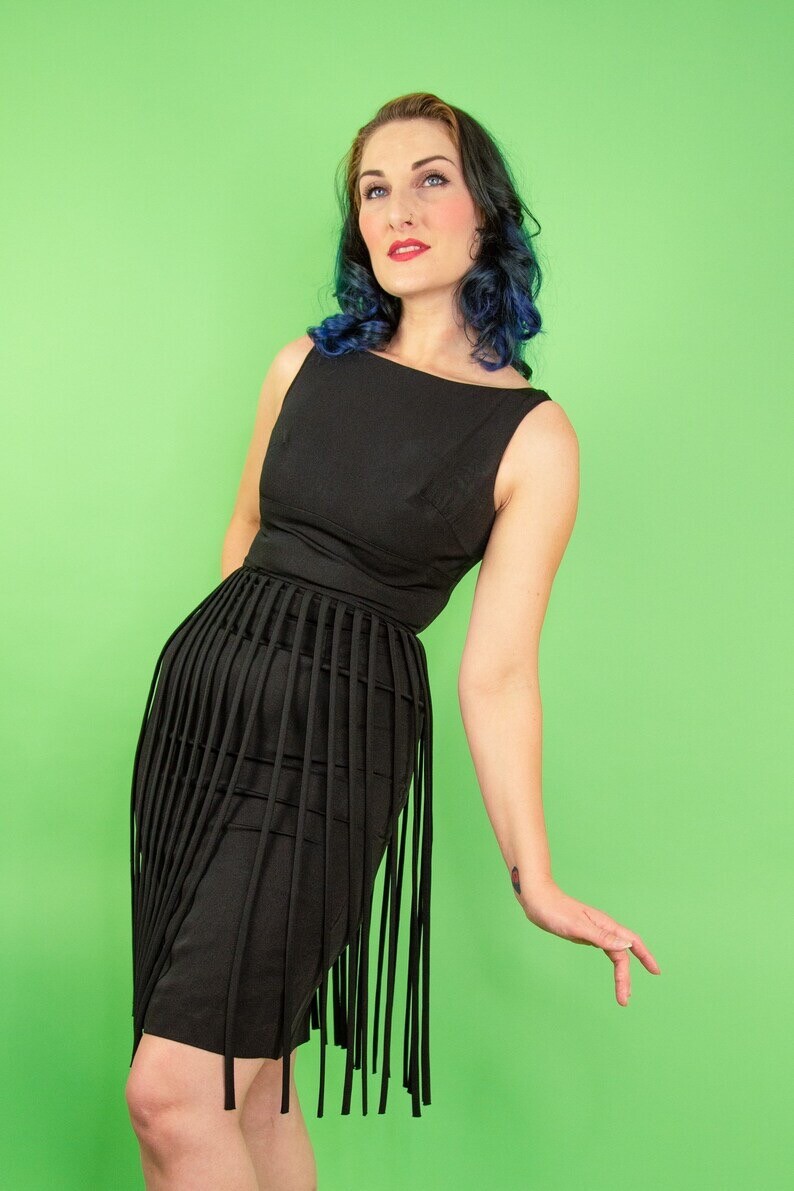 Vintage 1950s 60s Pinup Cocktail Dress Fringe Midi Pencil XS S 2 4