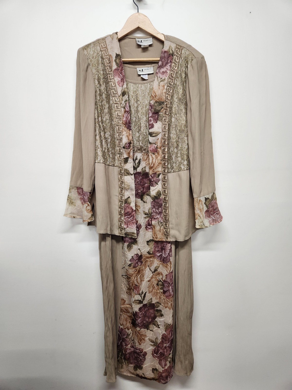 Vintage S.L. Fashions Women’s Midi Dress/Jacket Set, Size 14, In Taupe Multi